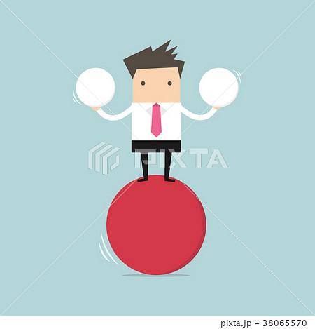 Businessman balancing on red ball holding two ball Businessman balancing on red ball holding two ball 38065570