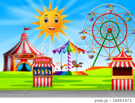 Amusement park scene at daytime with cute sun 38065973