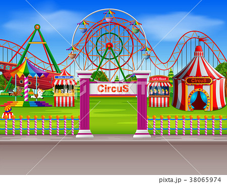 Amusement park scene at daytime with many rides Amusement park scene at daytime with many rides 38065974