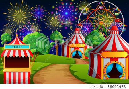 Amusement park scene with circus tent and firework 38065978