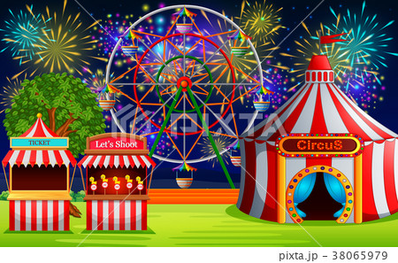 Amusement park scene with circus tent and firework 38065979
