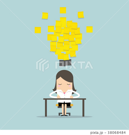 Businesswoman working with yellow stick note idea. Businesswoman working with yellow stick note idea. 38068484