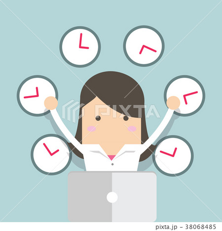 Businesswoman working with many clocks. Businesswoman working with many clocks. 38068485