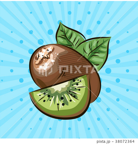 Ripe kiwi on a blue background, lines, points.Hand 38072364