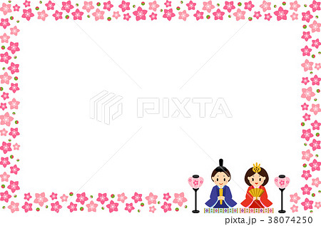 ひな祭りのフレーム 桃の花とひな人形のイラスト素材