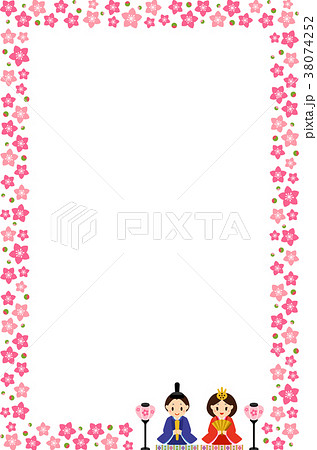 ひな祭りのフレーム 桃の花とひな人形 縦のイラスト素材 38074252
