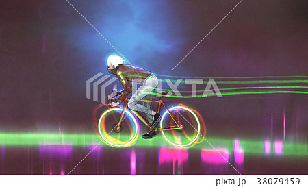 riding a mountain bike with neon lights 38079459