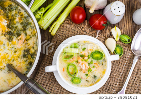 Dishes from fish. Soup with salmon and cream Dishes from fish. Soup with salmon and cream 38081021