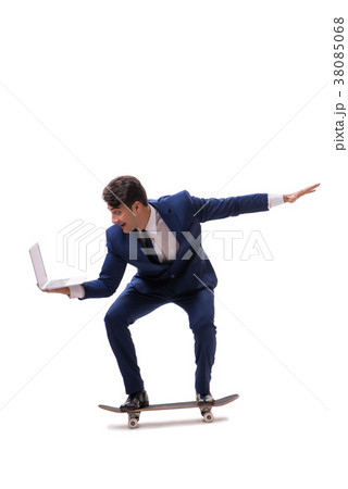 Businessman riding skateboard isolated on white 38085068