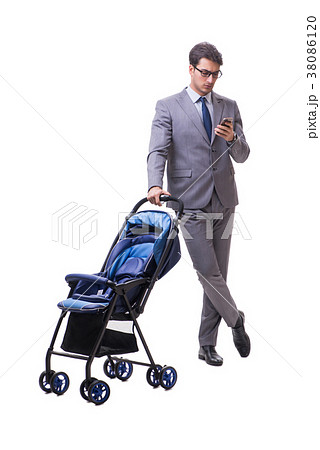 Young businessman nursing child in pram isolated 38086120