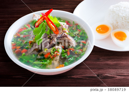 Spicy Pork with Pork bone Soup with Rice and Egg. Spicy Pork with Pork bone Soup with Rice and Egg. 38089719