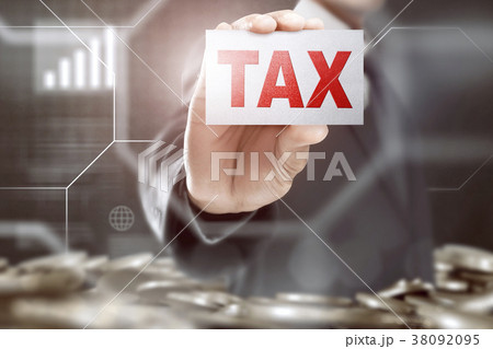 Businessman showing a card with Tax sign Businessman showing a card with Tax sign 38092095