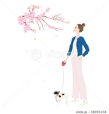 桜の季節 犬とお花見をしてる散歩中の女性のイラスト のイラスト素材