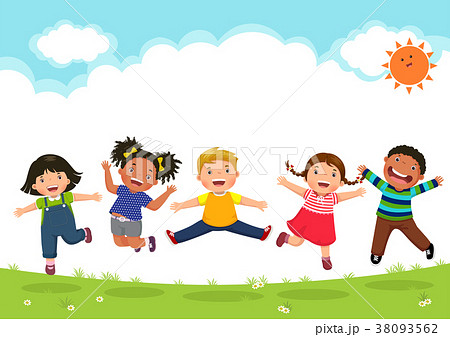 Happy kids jumping together during a sunny day Happy kids jumping together during a sunny day 38093562