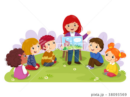 Teacher telling story to children in the garden Teacher telling story to children in the garden 38093569