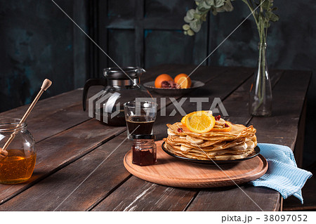 Fresh homemade french crepes made with eggs, milk 38097052