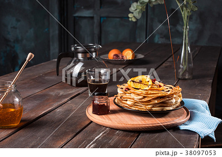 Fresh homemade french crepes made with eggs, milk 38097053