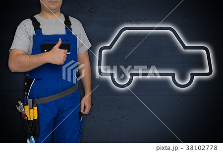 Car icon and craftsman with thumbs up 38102778