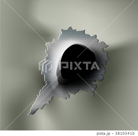 ragged bullet Hole torn in ripped metal 38103410
