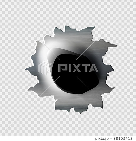 ragged bullet Hole torn in ripped metal 38103413