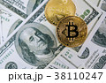 Top view of Bitcoin on Dollar banknote (Fintech) 38110247