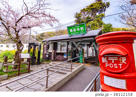 鎌倉江ノ電極楽寺駅の桜とポストの写真素材