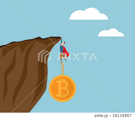 businessman hanging at cliff with bitcoins businessman hanging at cliff with bitcoins 38116807