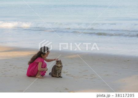 ビーチで猫と遊ぶ女の子 38117205
