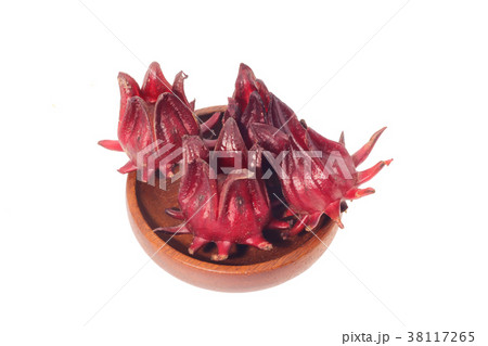 group Roselle fruits isolated on wooden cup 38117265