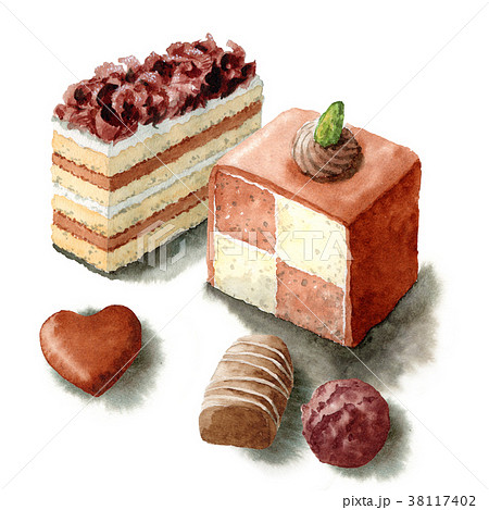 水彩で描いたチョコとチョコケーキのイラスト素材