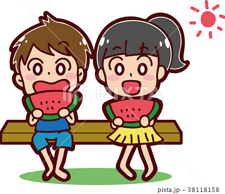 夏休みのイメージイラスト スイカを食べる男の子と女の子 のイラスト素材