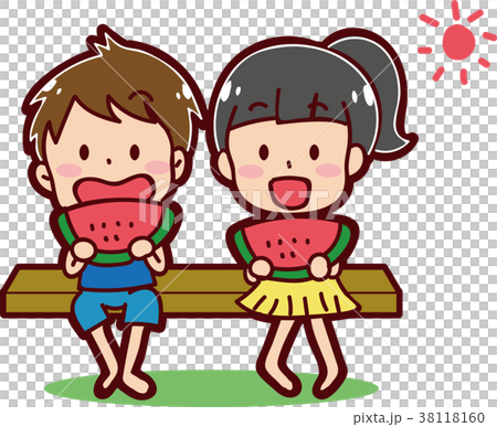 夏休みのイメージイラスト スイカを食べる男の子と女の子 のイラスト素材