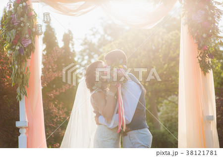 Happy couple kissing under the textile arch 38121781