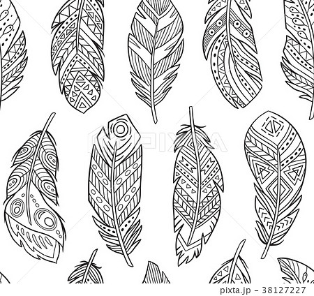 Tribal Feathers in contour endless background 38127227