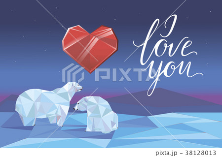 Low poly polar bears sitting on ice. Romantic card Low poly polar bears sitting on ice. Romantic card 38128013