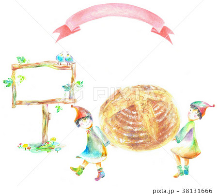 パンを運ぶ小人　木製看板　タイトルリボン 38131666