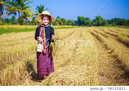 farmer woman with tiffin carrier in rice field 38132821