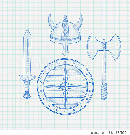 Viking warrior set - shield, sword, axe and horned Viking warrior set - shield, sword, axe and horned 38133565