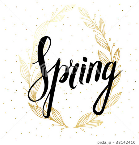 Words Spring with wreath, branches,leaves 38142410