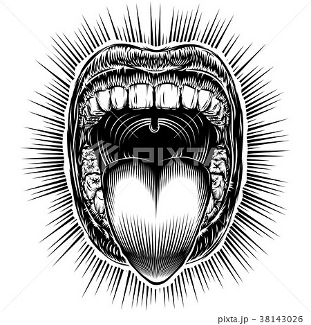 Mouth Open Tongue Scream Vintage Ink Hand Drawing 38143026