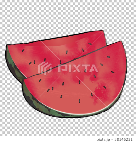 カットしたスイカのイラスト 西瓜の実 手描き風イラスト 墨絵 水彩画のイラスト素材