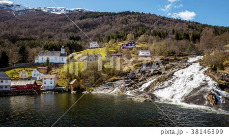 Hellesylt village and waterfall, Norway 38146399
