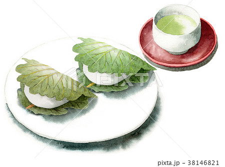 水彩で描いた柏餅とお茶のイラスト素材