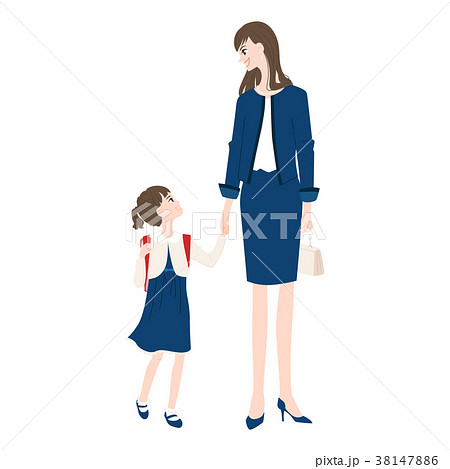 入学式に行く女の子と綺麗な若い母親のイラスト のイラスト素材