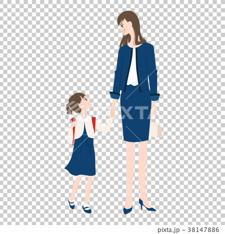 入学式に行く女の子と綺麗な若い母親のイラスト のイラスト素材