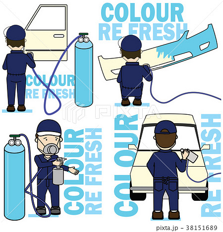Set of worker Spraying colour on car part. 38151689