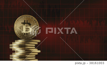 Stack of gold coins bitcoin on a red background 38161003