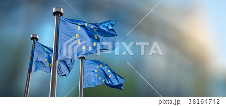 Symbol bitcoin on the blue flag. 38164742