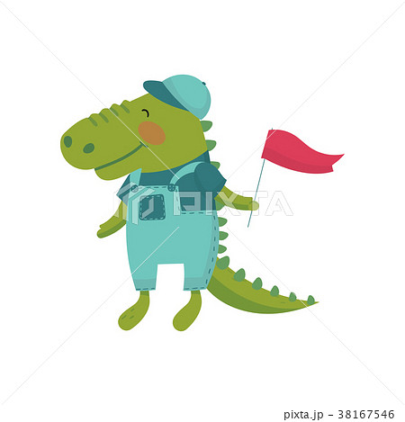 Cartoon character of baby crocodile with red flag Cartoon character of baby crocodile with red flag 38167546