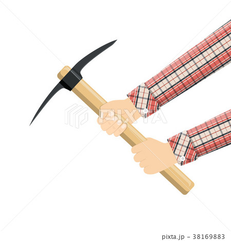 Wooden pickaxe with iron tip in hand. 38169883